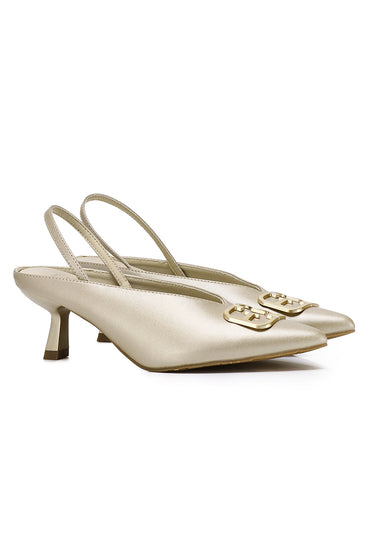 Beatrice Comfy Fit Footbed Microfiber Leather Heels In Champagne