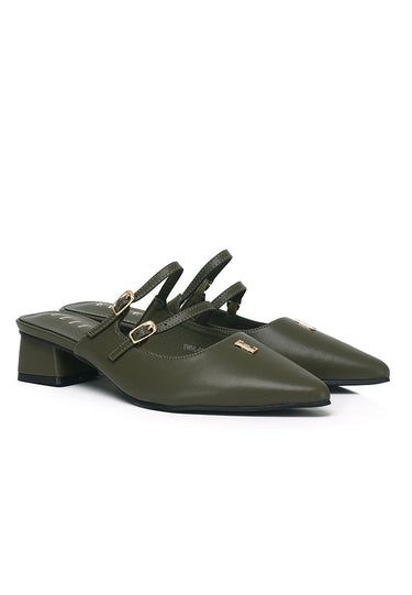 Laurine Pointed Comfy Fit Footbed Microfiber Leather Heels In Olive