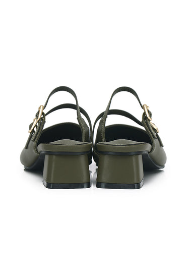Laurine Pointed Comfy Fit Footbed Microfiber Leather Heels In Olive