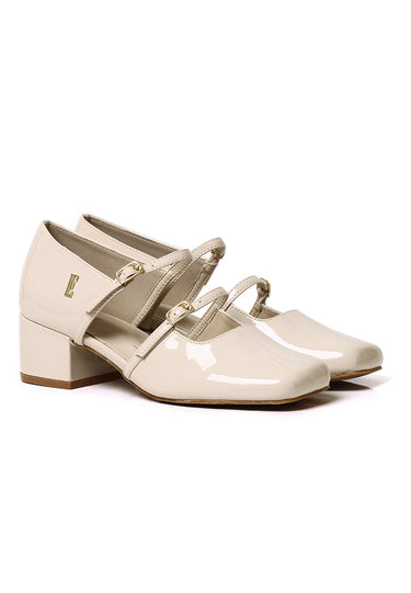 Sheena Patent Comfy Fit Footbed Microfiber Leather Mary Janes In Beige