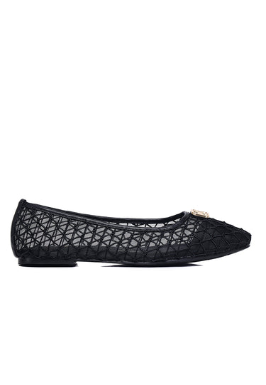 Loom Woven Comfy Fit Footbed Microfiber Leather Flats & Ballerina In Black