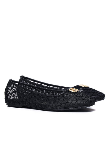 Loom Woven Comfy Fit Footbed Microfiber Leather Flats & Ballerina In Black