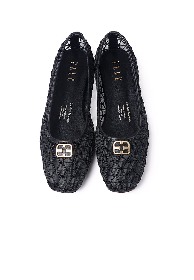 Loom Woven Comfy Fit Footbed Microfiber Leather Flats & Ballerina In Black