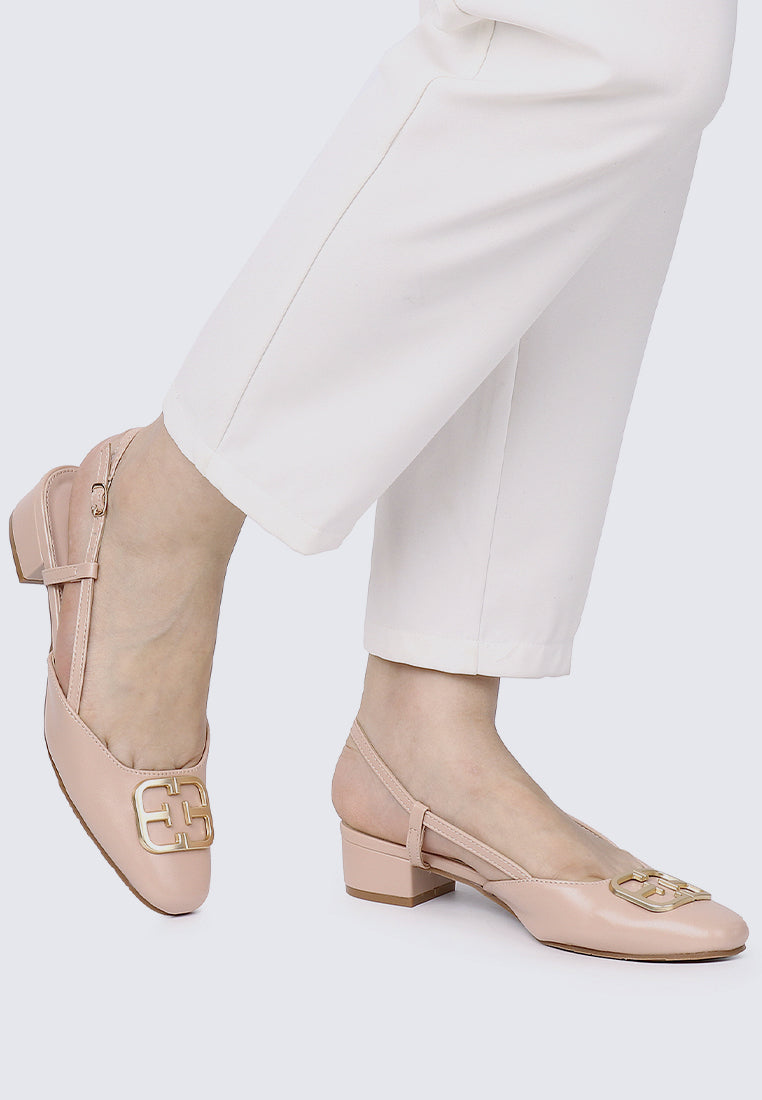 Madelyn Comfy Fit Footbed Microfiber Leather Heels In Peach