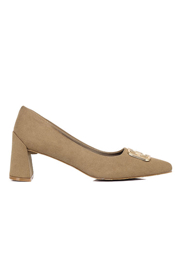 Eve Comfy Fit Footbed Microfiber Leather Heels In Khaki
