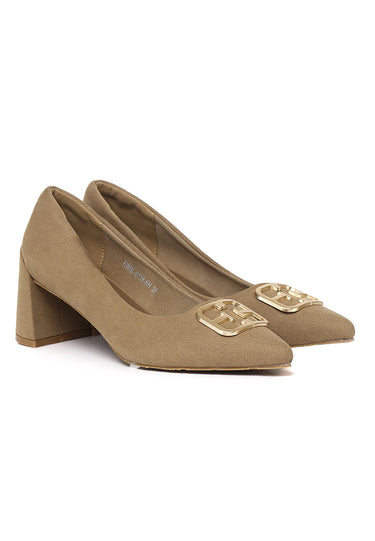 Eve Comfy Fit Footbed Microfiber Leather Heels In Khaki