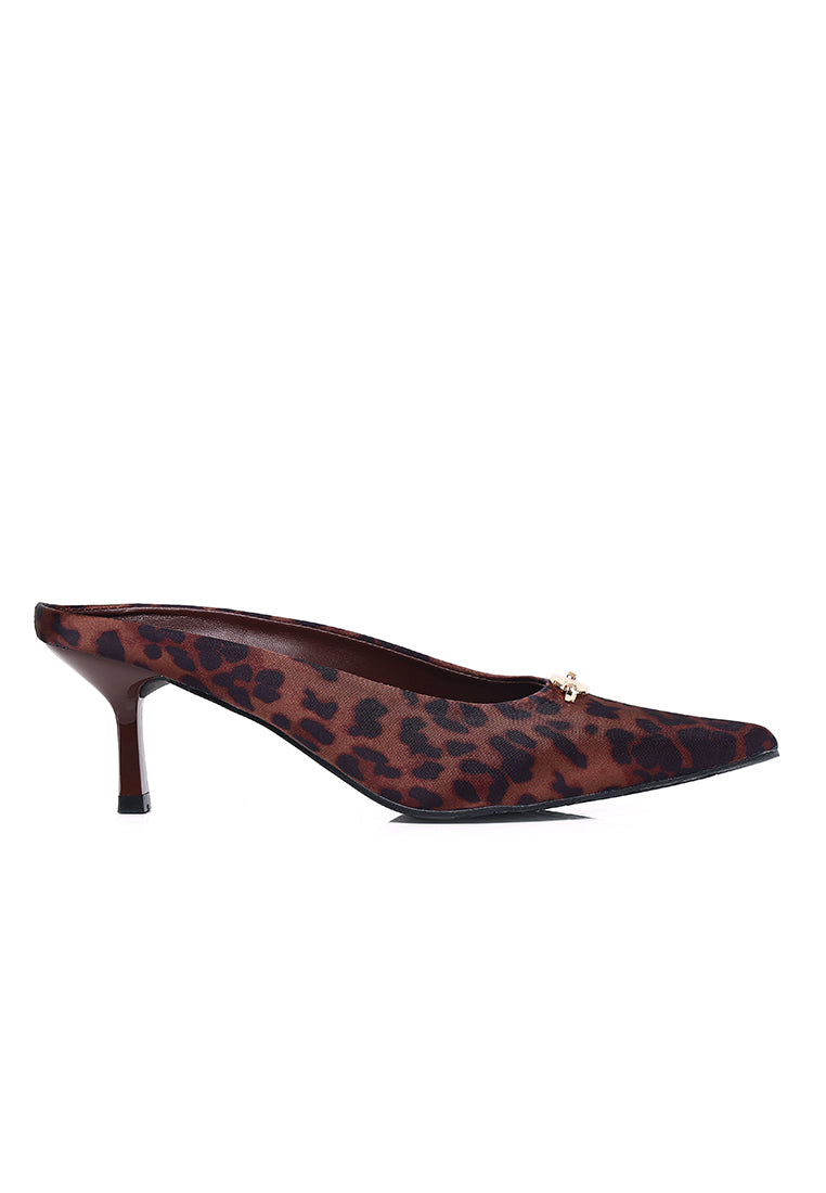Tyla Leopard-Print Comfy Fit Footbed Microfiber Leather Heels In Brown