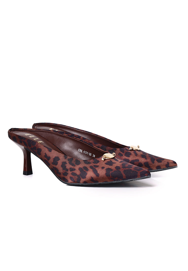 Tyla Leopard-Print Comfy Fit Footbed Microfiber Leather Heels In Brown