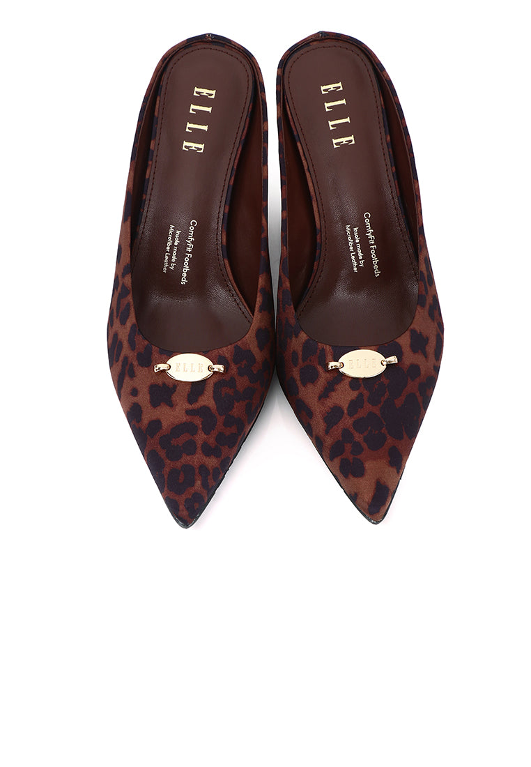 Tyla Leopard-Print Comfy Fit Footbed Microfiber Leather Heels In Brown