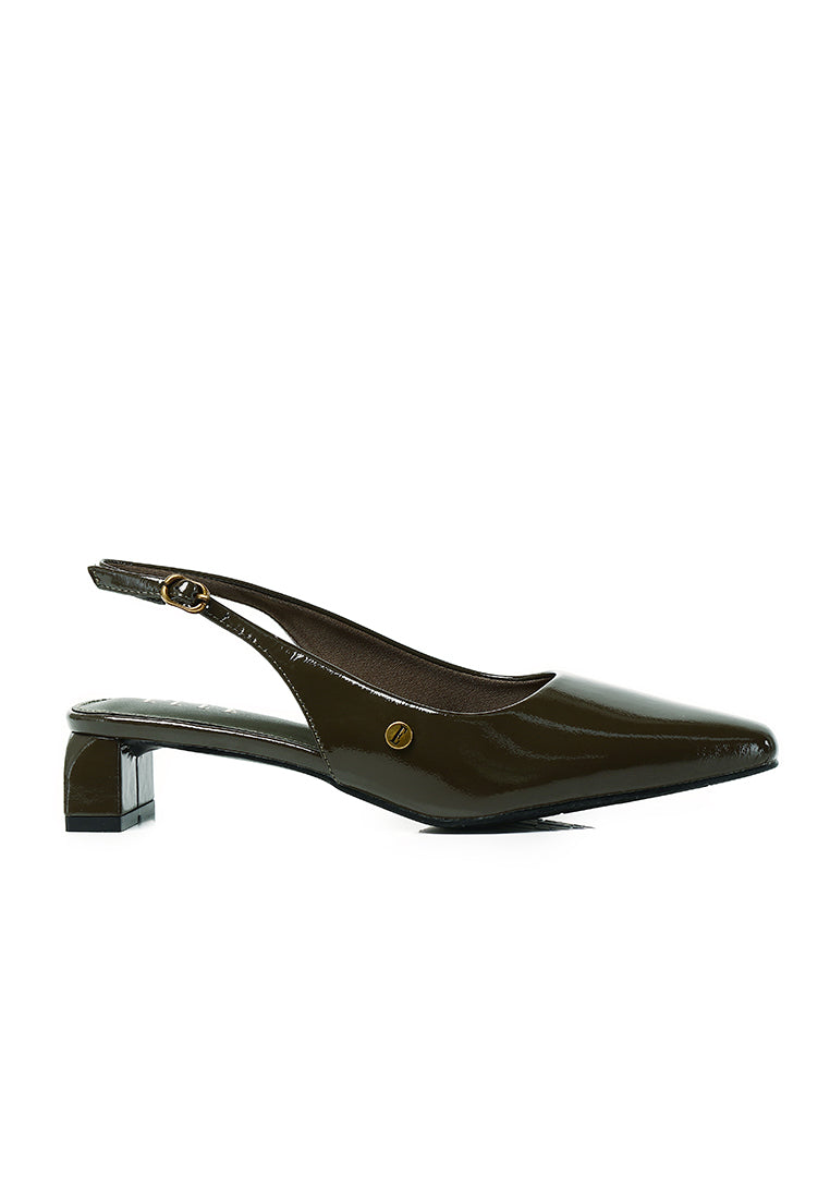 Seraphine Patent Comfy Fit Footbed Microfiber Leather Heels In Olive