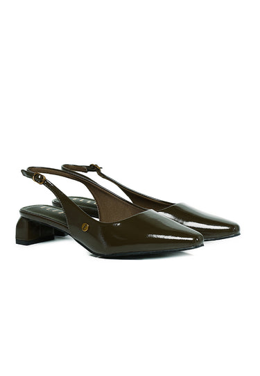 Seraphine Patent Comfy Fit Footbed Microfiber Leather Heels In Olive