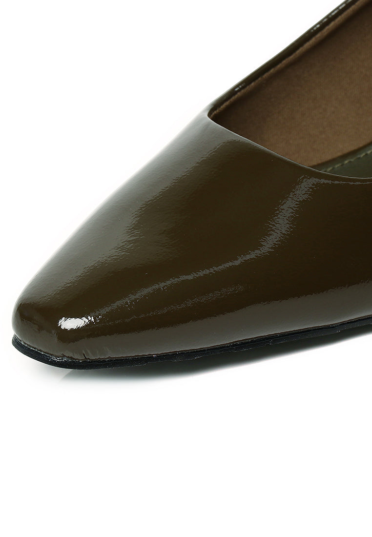 Seraphine Patent Comfy Fit Footbed Microfiber Leather Heels In Olive