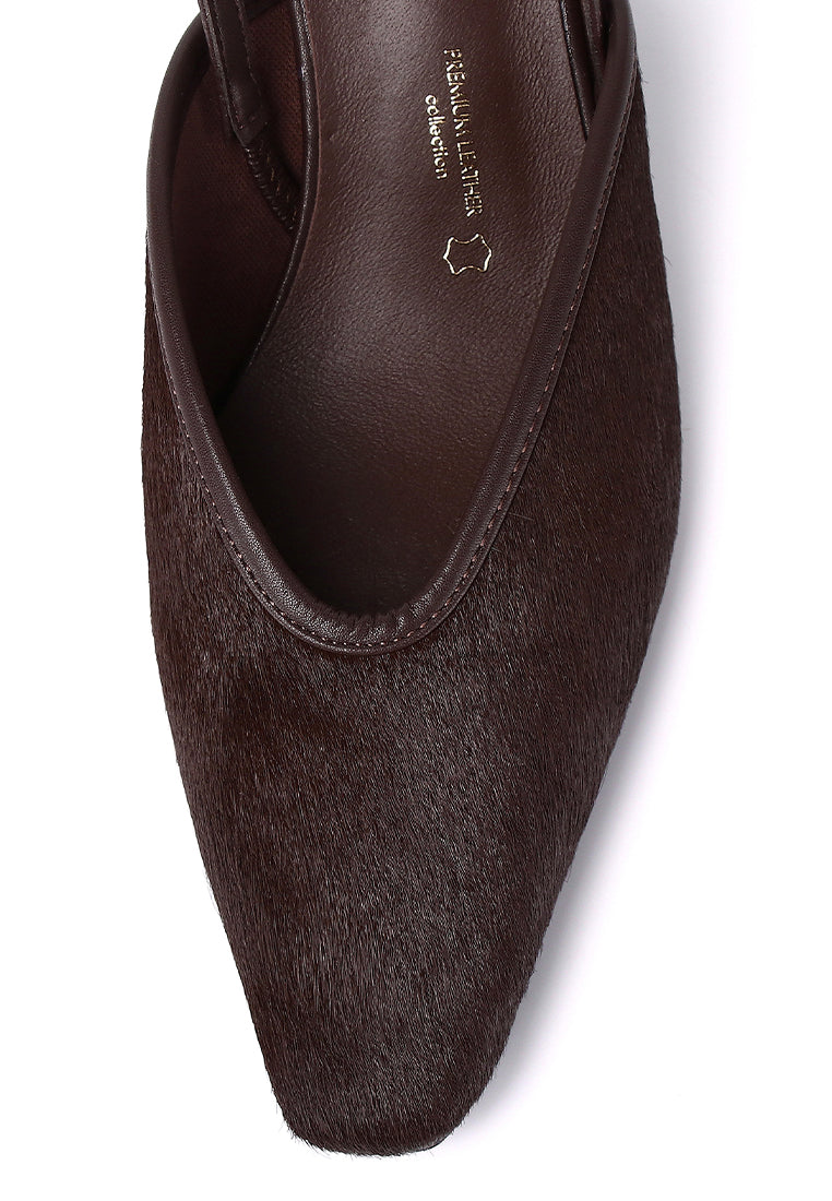 Sia Calf Hair Comfy Fit Footbed Premium Leather Heels In Espresso