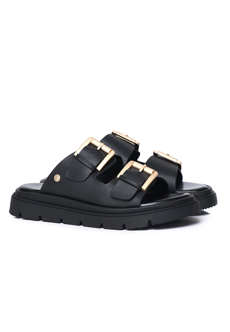 Zelie Comfy Fit Footbed Microfiber Leather Sandals In Black