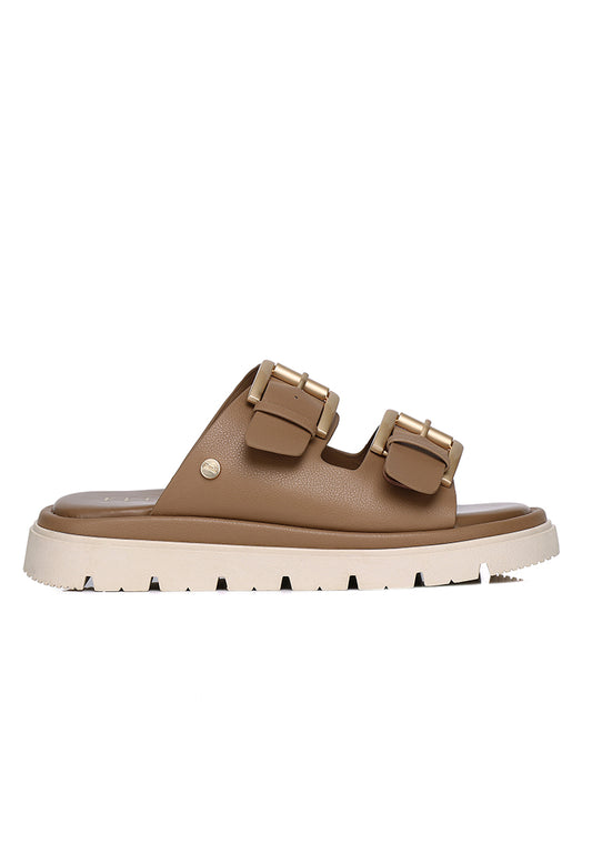 Zelie Comfy Fit Footbed Microfiber Leather Sandals In Tan