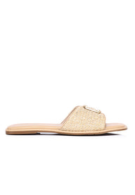 Leandra Comfy Fit Footbed Microfiber Leather Sandals In Beige