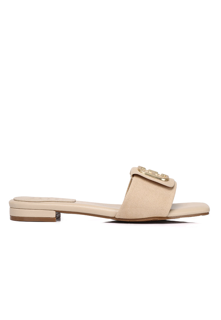 Stella Faux Suede Comfy Fit Footbed Microfiber Leather Sandals In Beige