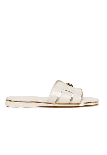 Debbie Croc-effect Comfy Fit Footbed Microfiber Leather Sandals In Beige
