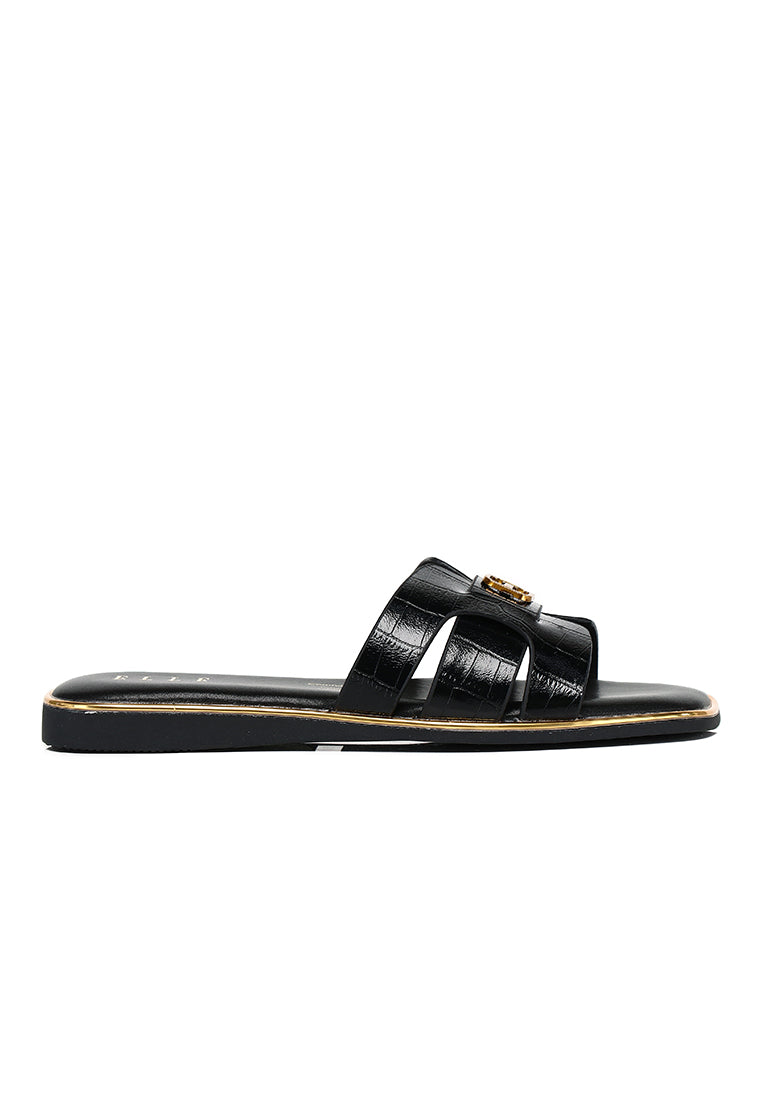Debbie Croc-effect Comfy Fit Footbed Microfiber Leather Sandals In Black