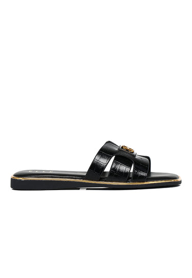 Debbie Croc-effect Comfy Fit Footbed Microfiber Leather Sandals In Black