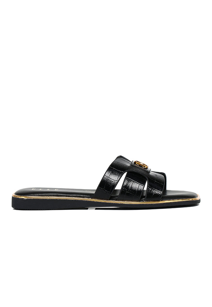 Debbie Croc-effect Comfy Fit Footbed Microfiber Leather Sandals In Black