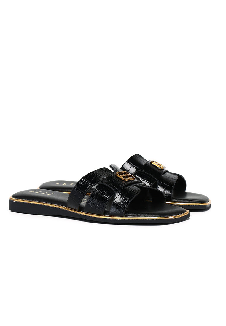 Debbie Croc-effect Comfy Fit Footbed Microfiber Leather Sandals In Black