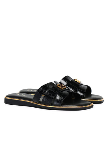 Debbie Croc-effect Comfy Fit Footbed Microfiber Leather Sandals In Black