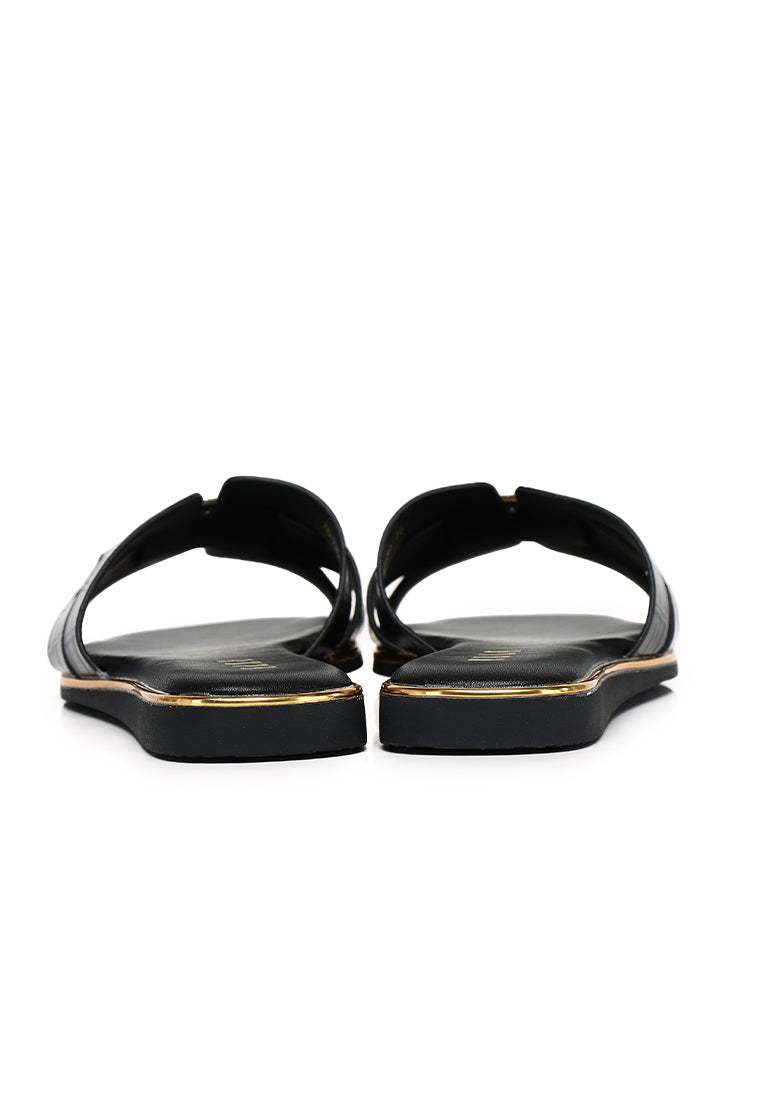 Debbie Croc-effect Comfy Fit Footbed Microfiber Leather Sandals In Black