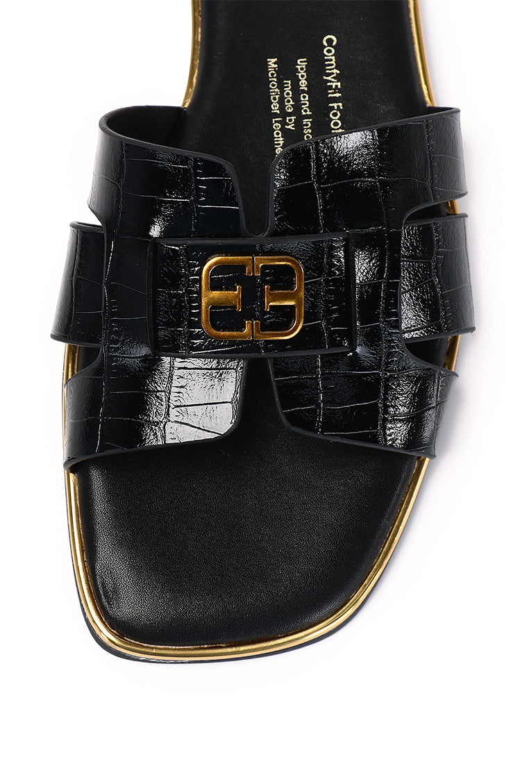 Debbie Croc-effect Comfy Fit Footbed Microfiber Leather Sandals In Black