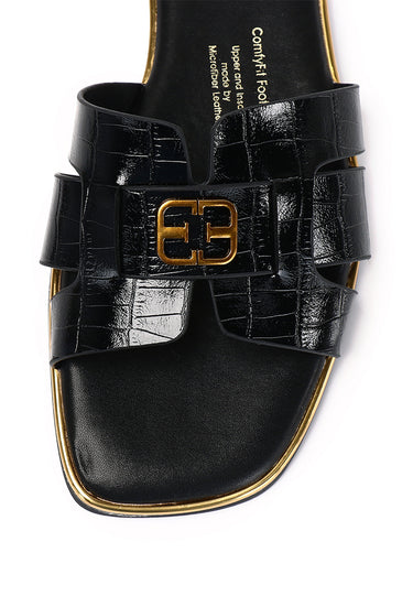 Debbie Croc-effect Comfy Fit Footbed Microfiber Leather Sandals In Black