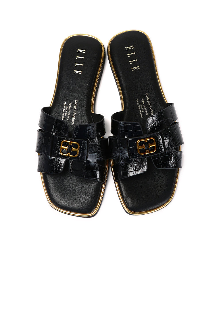 Debbie Croc-effect Comfy Fit Footbed Microfiber Leather Sandals In Black