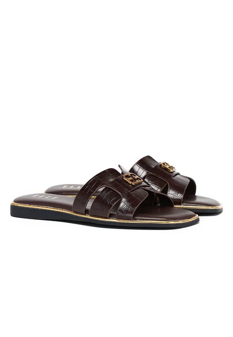 Debbie Croc-effect Comfy Fit Footbed Microfiber Leather Sandals In Espresso