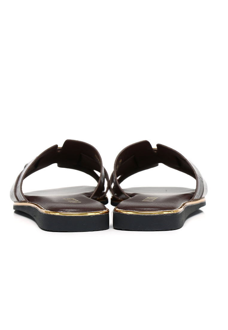 Debbie Croc-effect Comfy Fit Footbed Microfiber Leather Sandals In Espresso