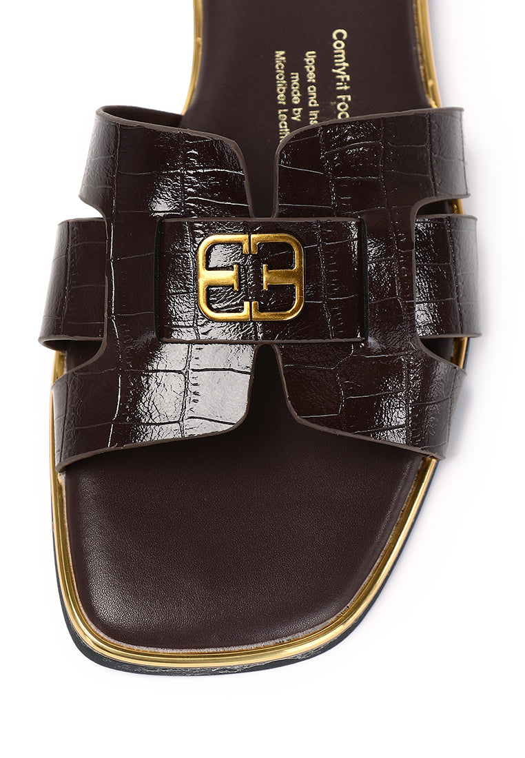 Debbie Croc-effect Comfy Fit Footbed Microfiber Leather Sandals In Espresso