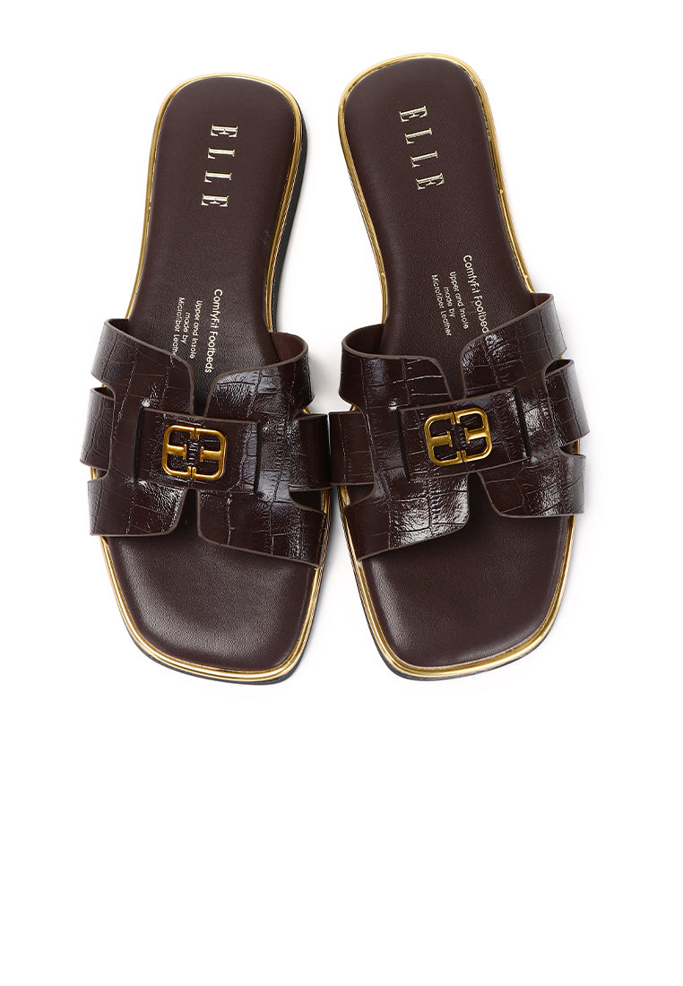 Debbie Croc-effect Comfy Fit Footbed Microfiber Leather Sandals In Espresso