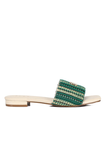 Violette Woven Comfy Fit Footbed Microfiber Leather Sandals In Emerald Green